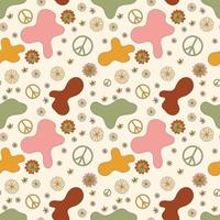 Seamless groovy 70s style pattern. Seamless vector with flowers and peace signs for tkami print or wrap.