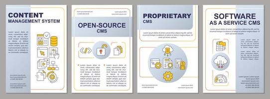 CMS types grey brochure template. Open-source and proprietary kinds. Leaflet design with linear icons. Editable 4 vector layouts for presentation, annual reports.