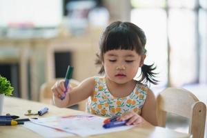 Asian baby girl drawing with colourful crayon , happy funny child girl and mom draws laughing, training, development, abilities. childs art concept photo