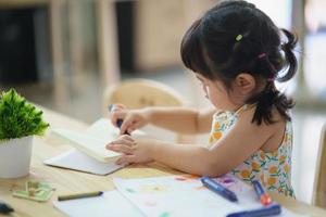 Asian baby girl drawing with colourful crayon , happy funny child girl and mom draws laughing, training, development, abilities. childs art concept photo