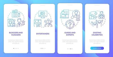 Types of creators blue gradient onboarding mobile app screen. Content makers walkthrough 4 steps graphic instructions with linear concepts. UI, UX, GUI template. vector