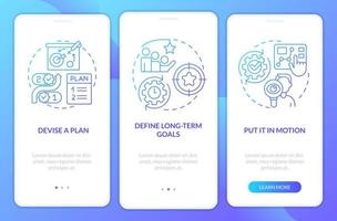 Planning blue gradient onboarding mobile app screen. Business strategy walkthrough 3 steps graphic instructions with linear concepts. UI, UX, GUI template. vector