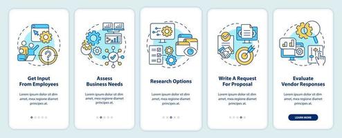 Choosing right CMS onboarding mobile app screen. Assess business needs walkthrough 5 steps editable graphic instructions with linear concepts. UI, UX, GUI template. vector