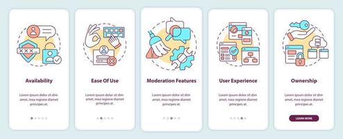 Aspects of comment system onboarding mobile app screen. Availability walkthrough 5 steps editable graphic instructions with linear concepts. UI, UX, GUI template. vector