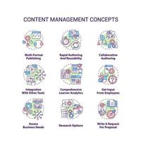 Content management concept icons set. LMS, CMS functionalities idea thin line color illustrations. Social media. Ecommerce. Isolated symbols. Editable stroke. vector