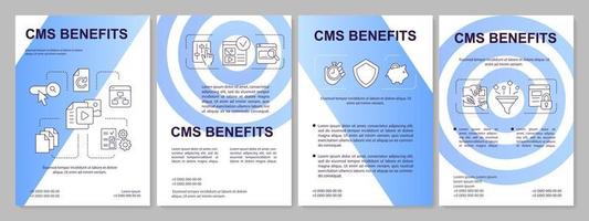 CMS advantages blue gradient brochure template. Website development. Leaflet design with linear icons. 4 vector layouts for presentation, annual reports.