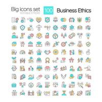 Business ethics RGB color icons set. Teamwork in workplace. Reaching goals together. Isolated vector illustrations. Simple filled line drawings collection. Editable stroke.