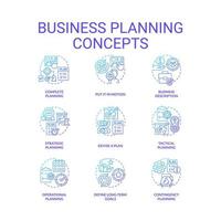 conjunto de iconos de concepto de gradiente azul de planificación empresarial. construyendo la estrategia de desarrollo. idea de gestión ilustraciones en color de línea delgada. símbolos aislados. vector