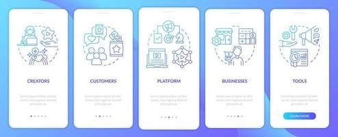 Creator economy stakeholders blue gradient onboarding mobile app screen. Walkthrough 5 steps graphic instructions with linear concepts. UI, UX, GUI template. vector