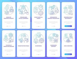 Creator economy blue gradient onboarding mobile app screen set. Social media walkthrough 5 steps graphic instructions with linear concepts. UI, UX, GUI template. vector