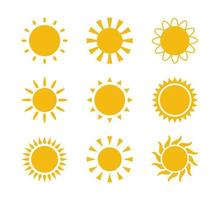 Yellow flat sun with rays icons in various design. Sun silhouette icons. Graphic weather signs. Symbol of heat, warm and climate. Vector illustrations set isolated on white background