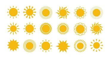 Yellow flat sun with rays icons in various design. Sun silhouette icons. Graphic weather signs. Symbol of heat, warm and climate. Vector illustrations set isolated on white background