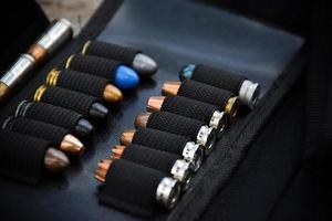 9mm pistol bullets kept in black leather pocket, selective focus on bullet. photo