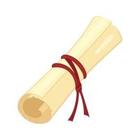 Scroll of papyrus paper tied with red ribbon. Old roll of parchment in cartoon style. vector