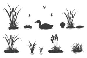 elementos de silueta de hierba de pantano con juncos y pato. conjunto de ilustraciones vectoriales de sombras negras de vegetación lacustre y fluvial. vector