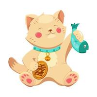 buena suerte gato maneki-neko con pez en la pata y campana alrededor del cuello. vector