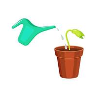 Sprout in flower pot is poured with water from watering can. Growing and caring for seedlings. Tree germination. vector