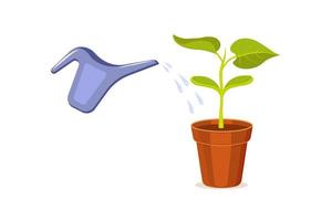 Sprout in flower pot is poured with water from watering can. Growing and caring for seedlings. Tree germination. vector