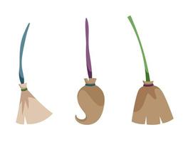 Set of witch brooms. Halloween design element in cartoon style. vector