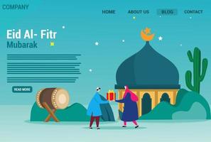 Islamic flat design illustration for happy eid fitr or adha mubarak and ramadan kareem with people character concept for web landing page template. Vector illustration. light blue background