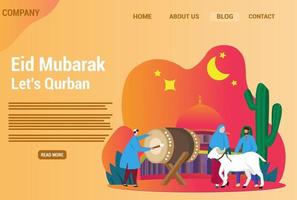 Islamic flat design illustration for happy eid fitr or adha mubarak and ramadan kareem with people character concept for web landing page template. Vector illustration