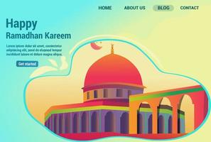Happy Ramadan Kareem islamic design with mosque silhouette in blue background. Vector illustration for ramadan celebration event