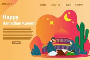 Landing page template ramadan kareem with people reading scriptures. Vector Illustration