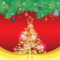 golden christmas tree with snow on red background for New Year and Christmas festival greeting card photo