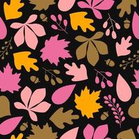 Autumn seamless pattern with different colorful leaves and plants on a black background. Flat design. Vector illustration