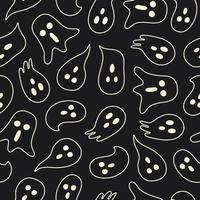 Halloween seamless pattern with cute linear ghost on a black background. Vector illustration