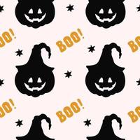 Seamless pattern with halloween elements and word boo on a light background. Minimal cartoon flat design. Vector Illustration