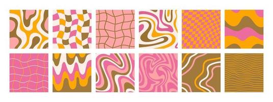 Big set of square backgrounds in style retro 70s, 80s. Groovy hippie abstract psychedelic design. Vector illustration