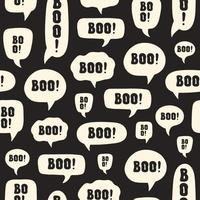 Abstract seamless pattern with halloween design of speech bubble and word BOO on black background. Black and white colors. Vector illustration