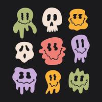 Retro set hippie colorful melting smile faces isolated on black background. Funny halloween emotional icons in style 60s, 70s vector