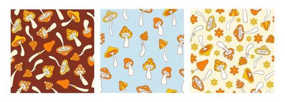 Floral hippie set seamless patterns with cute mushrooms on a brown, blue and beige background. Groovy retro vintage print in style 70s, 80s. Vector illustration