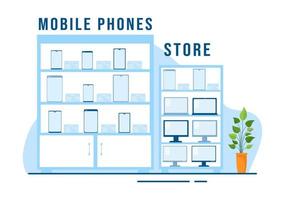 Mobile Phone Store Template Hand Drawn Cartoon Flat Illustration with Phones Models, Tablets, Gadget Retail, Other Devices and Accessories vector