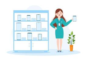 Mobile Phone Store Template Hand Drawn Cartoon Flat Illustration with Phones Models, Tablets, Gadget Retail, Other Devices and Accessories vector