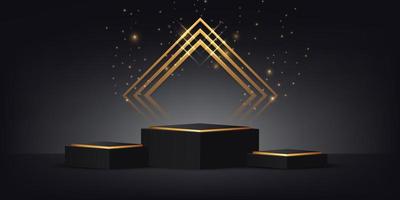 Luxurious 3d studio space with black and gold square pedestal podium with sparkles and light effect vector