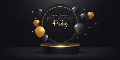 Black friday sale with 3d realistic cylinder  pedestal podium and flying glossy balloons in dark background vector