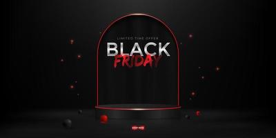 Black friday sale with 3d realistic cylinder pedestal podium, sparkles and 3d glossy balls vector