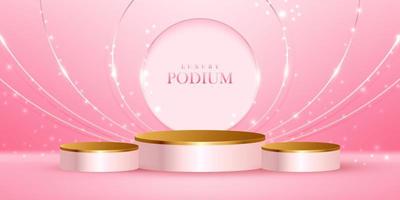 Realistic pink and gold modern circle podium luxury background with glitters vector