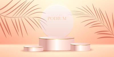 Luxury realistic podium with palm leaf shadow with cream and peach color background vector