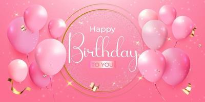 Happy birthday greeting card celebration with glossy balloons and flying serpentine on pink background vector