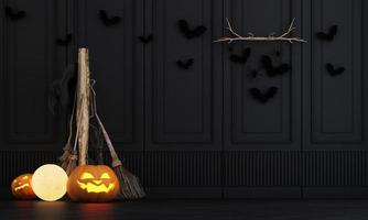 Halloween party poster in a modern classic haunted house bedroom with jack-o'-lantern pumpkins. Full moon lamps, witches' cauldrons, spider webs and skulls on the floor. 3d rendering illustration photo