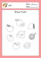Draw fruit along the dotted line in art subject exercises sheet kawaii doodle vector cartoon