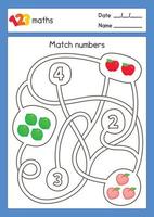 Match the numbers with the counts of fruits maze game in maths subject exercises sheet kawaii doodle vector cartoon