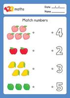 dibuje una línea que coincida con el número y la imagen sobre las frutas y cuente en la hoja de ejercicios de la materia de matemáticas dibujos animados de vector de garabato kawaii