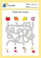 Feed the fruit for worms maze game exercises sheet kawaii doodle vector cartoon