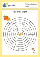 Feed the orange for worms maze game exercises sheet kawaii doodle vector cartoon