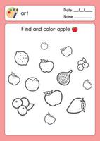 esquema de frutas para colorear en blanco y negro sobre encontrar manzana en la hoja de ejercicios de la asignatura de ciencia dibujos animados de vector de garabato kawaii